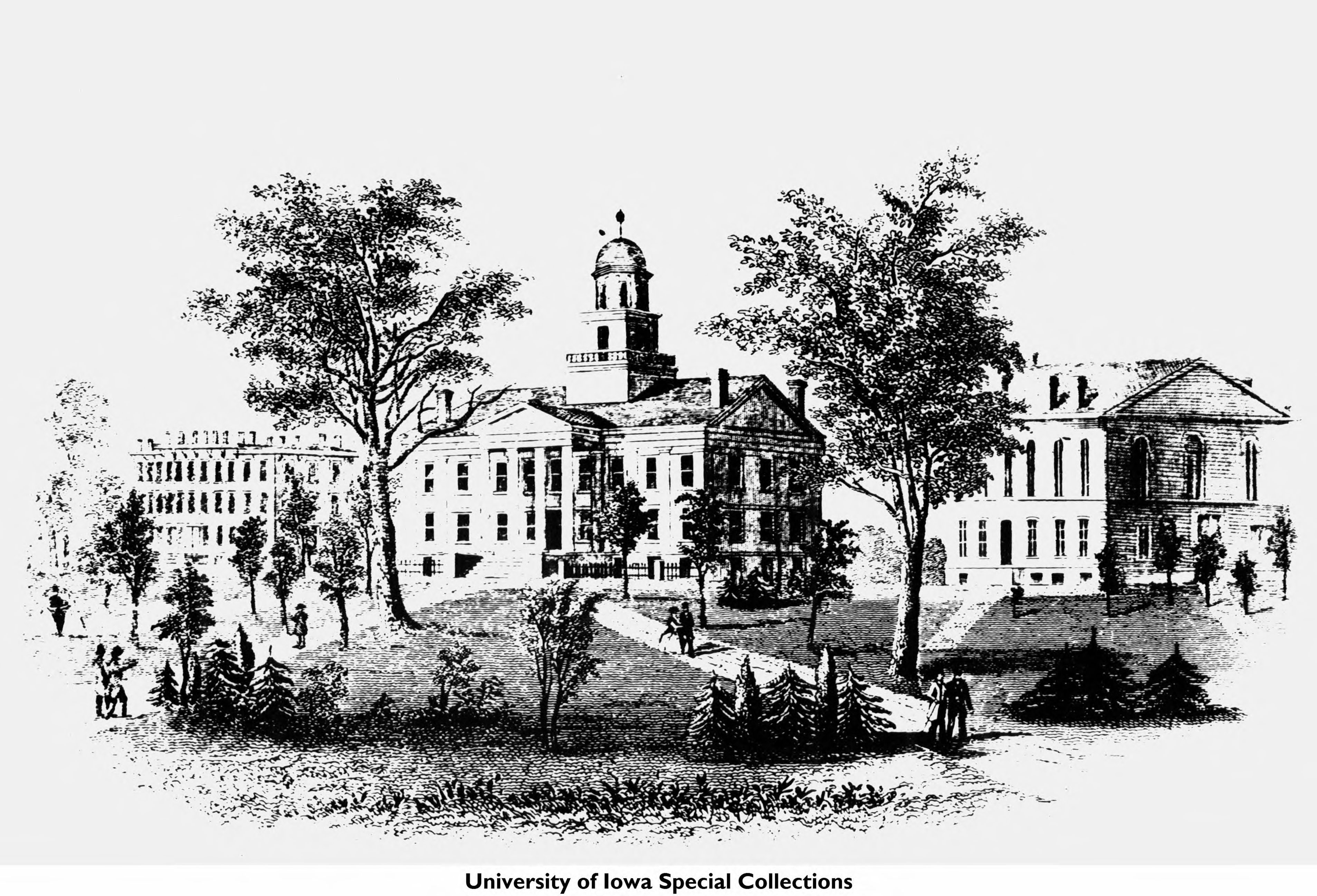 Engraving of the University of Iowa pentacrest, 1860