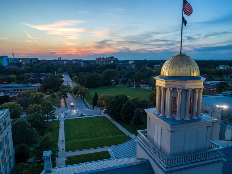 Aerial photo of the pentacrest at sunset, 2018