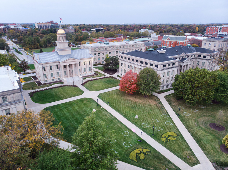 Aerial photo of pentacrest and Cleary Walkway, University of Iowa, 2020