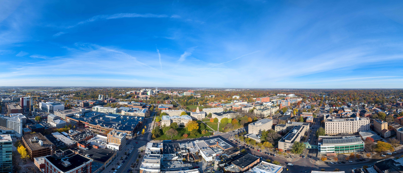 Aerial panoramic photograph of the University of Iowa campus facing west
