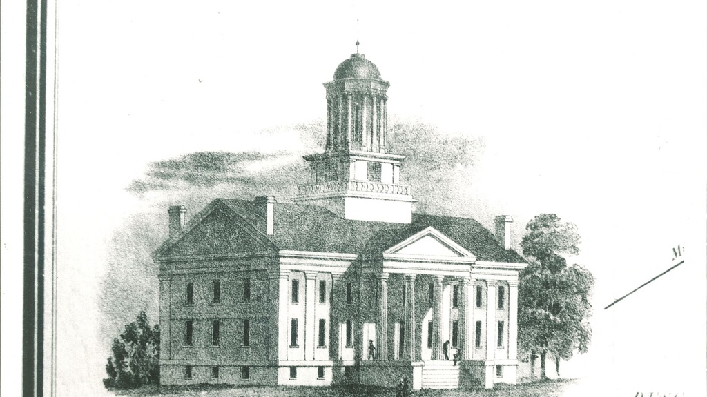 A lithograph of the University of Iowa's Old Capitol building from 1860