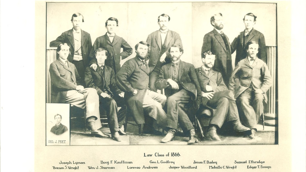 A group photo of the University of Iowa's first College of Law graduating class (all men). 