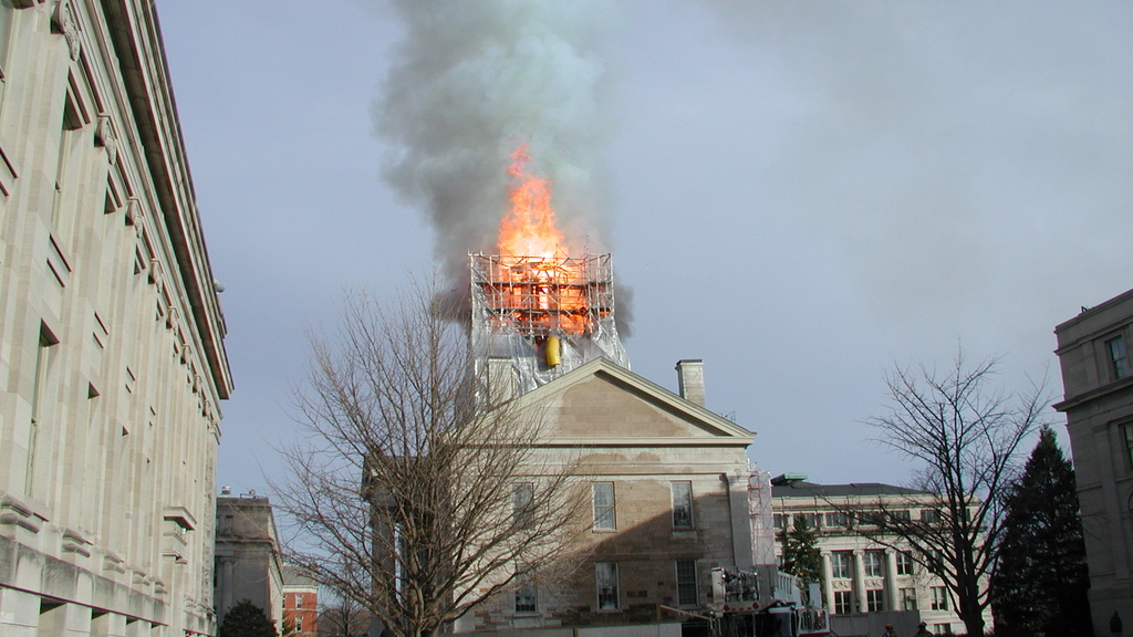 A photograph of the Old Capitol dome on fire in 2001