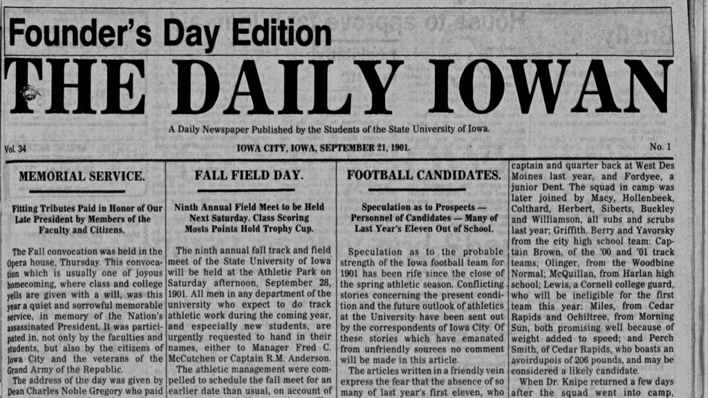 An image of the first Daily Iowan newspaper from September 1901