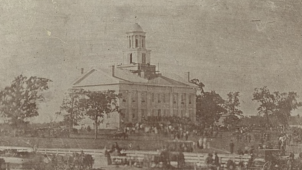 A picture of the Old Capitol building circa 1853 when it was still the seat of the Iowa government.